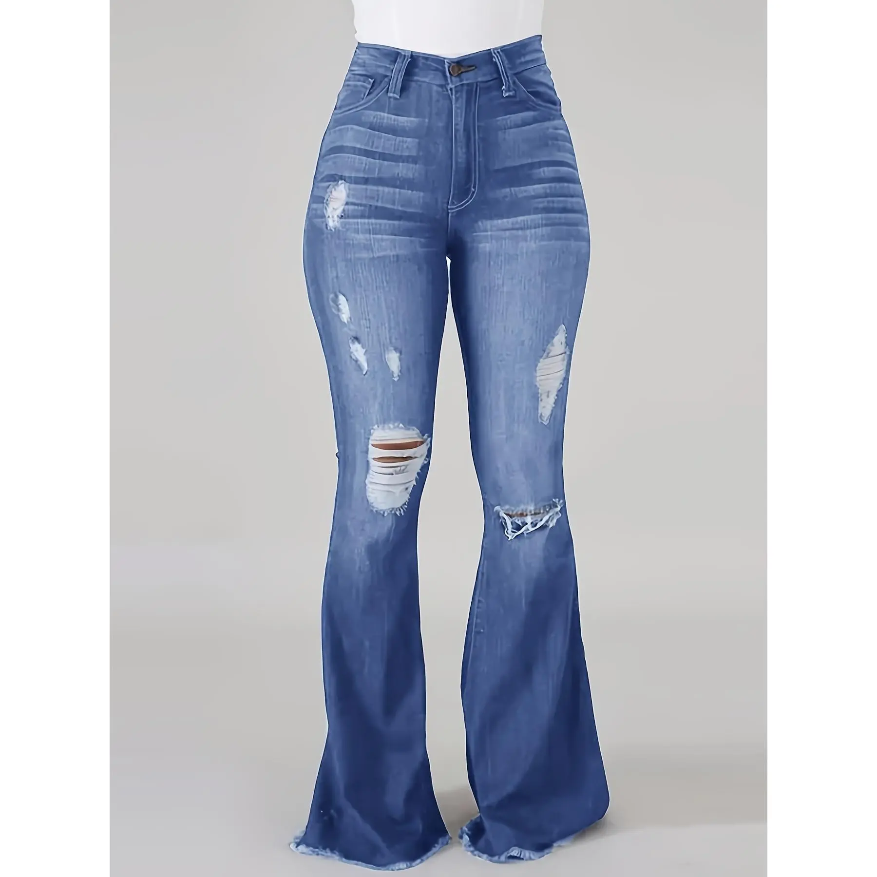 YYW1 Women's Vintage 90s Skinny Jeans - Mid-Rise, Button Woven, Ripped Distressed Blue, Slash Pockets, Hemmed, Cotton Elastane Blend, Comfort Fit, All-Seasons Wear, Machine Washable Denim, Do Not Dry Clean, XL, Bottoms