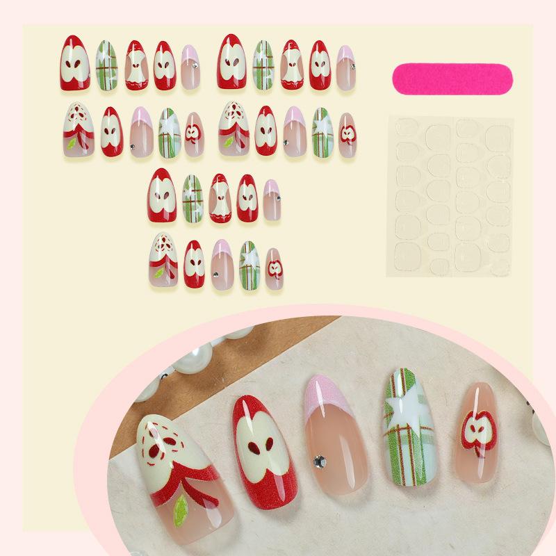 30pcs Almond Nail Tips, Apple Design, French Star Rhinestones, Glossy Finish, Medium Length, Includes Jelly Glue and File, Handmade Press On, Glossy False Nails