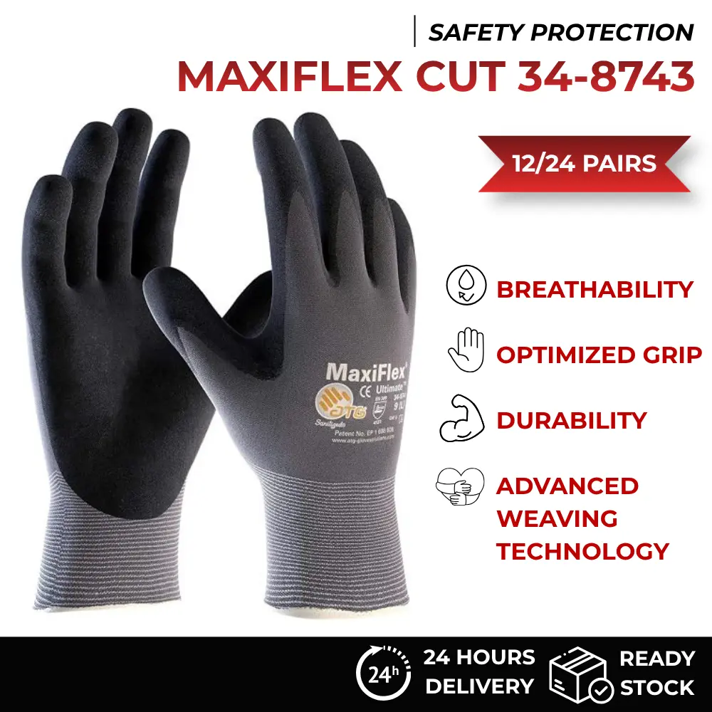 MaxiFlex 34-874 Cut Resistant Gloves, Nitrile Micro Foam Coated Work Gloves, Black, M–XL, High Grip