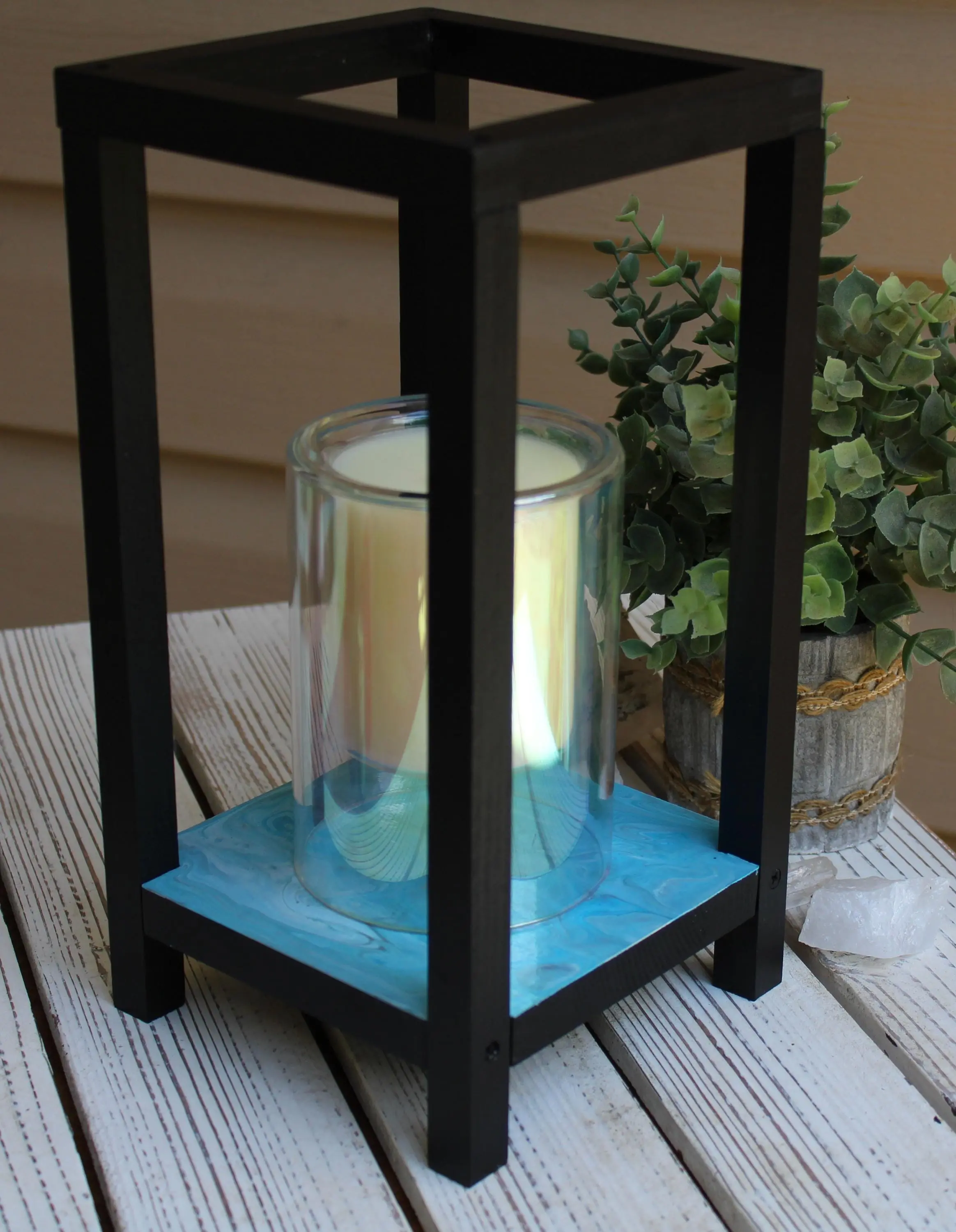 Candle Holder and Candle Hand Painted , Lantern Wood with Acrylic Paint 10.5" x 5" x 5"
