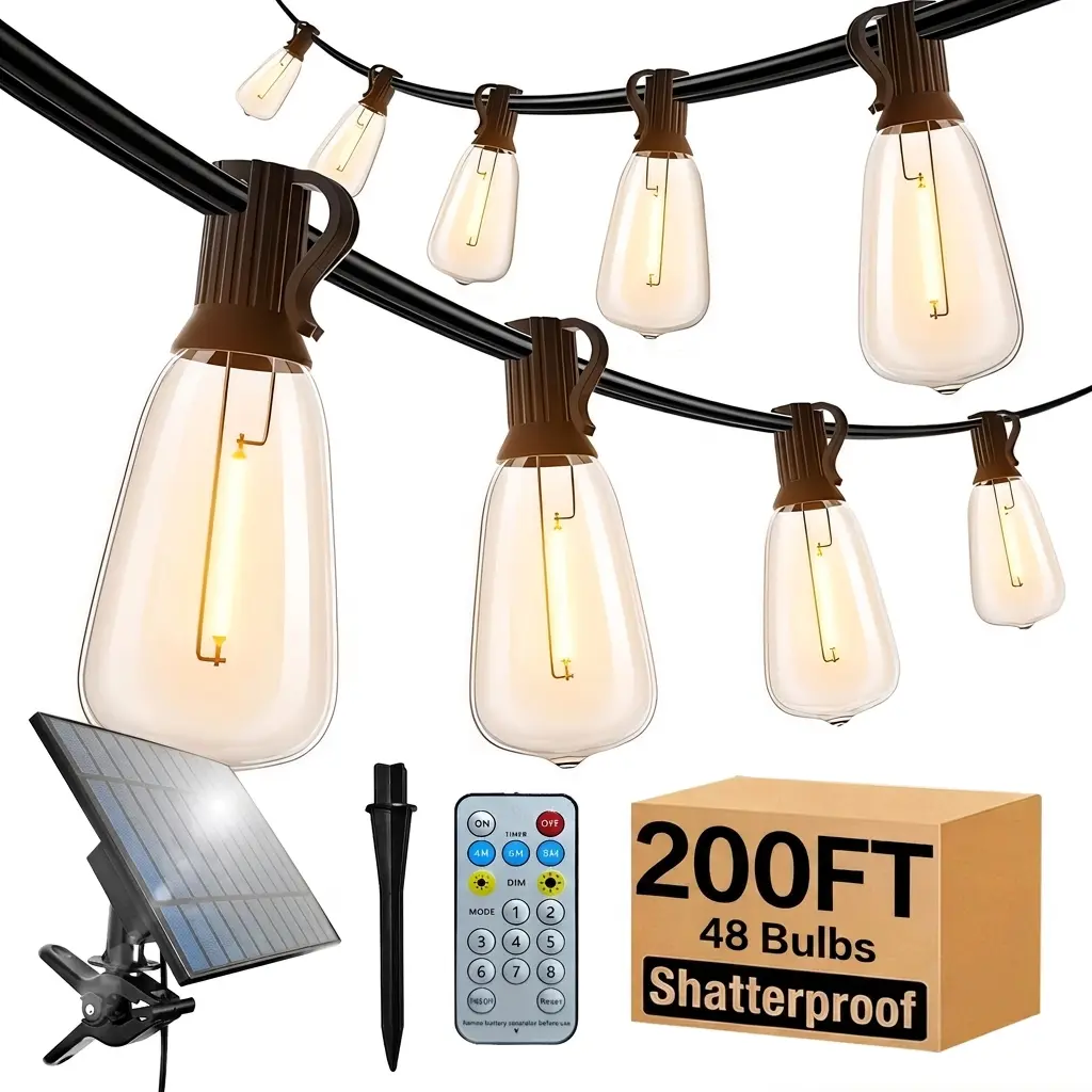 DAYBETTER 50-200FT Solar String Lights Outdoor Waterproof with Remote Control Solar Patio Lights 12-48 shatterproof LED ST38 Bulbs for Porch Garden Market Bistro Patio Backyard Fence