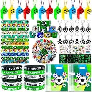 120Pcs Soccer Party Favors, Soccer Goodie Bags with Whistle Tatto Stickers Slap Bracelet Key Chains for Soccer Birthday Party Decorations