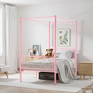 Twin Canopy Bed Frame with Headboard and Footboard, 4 Posters Metal Bed Frame, No Box Spring Needed, Mattress Foundation Platform Bed for Kids and Adults, Pink