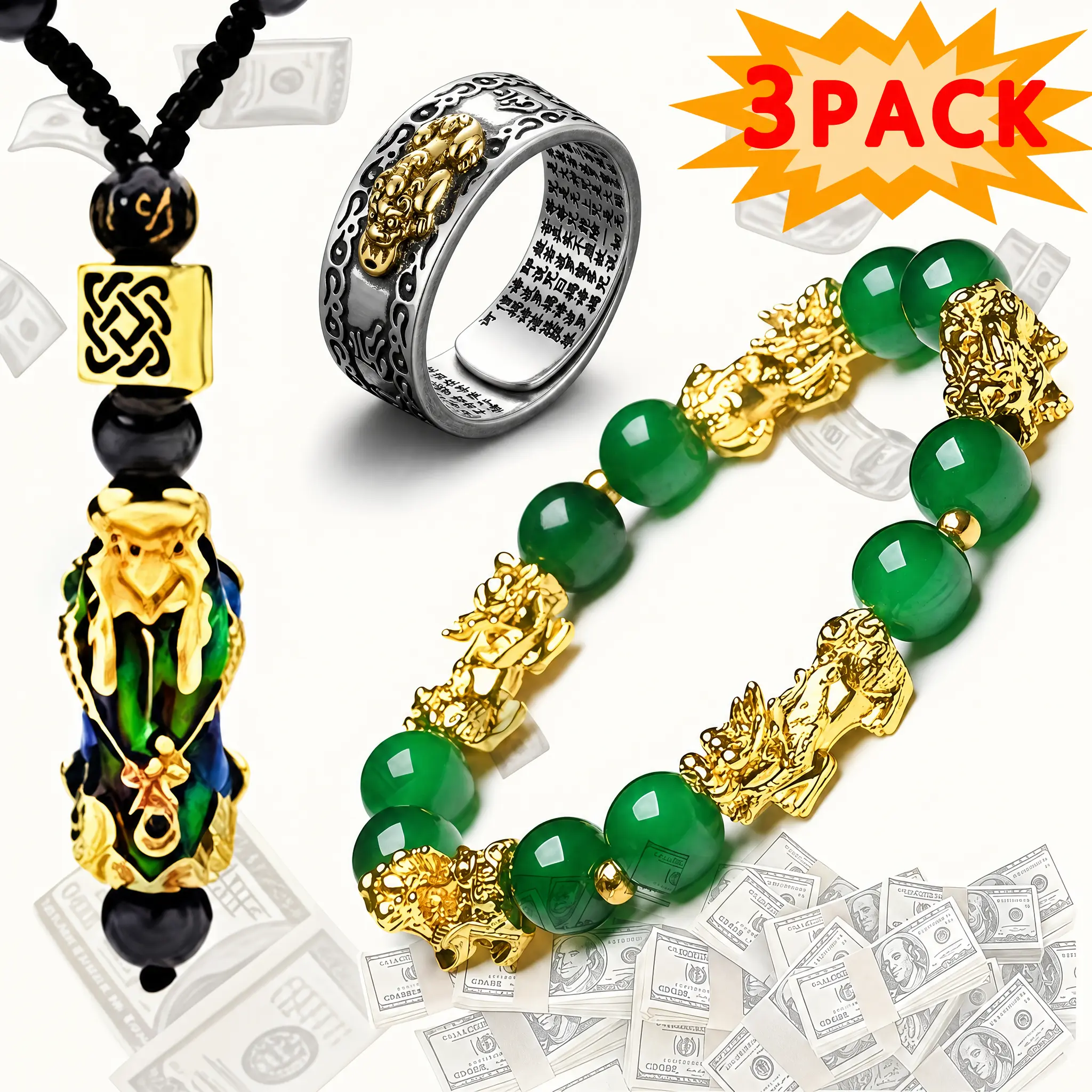 3 Pack Feng Shui Pixiu Jewelry Set - Green Beaded Bracelet, Adjustable Stainless Steel Ring & Color-Changing Pendant Necklace, Attract Wealth Luck Amulet Set for Men Women
