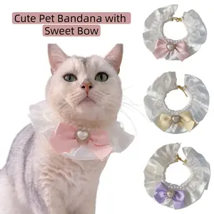 Cute Pet Collar with Cream Bowtie & Scarf, Princess Style Soft Cotton Pet Necklace for Cats and Dogs, All-Season Wearable Pet Accessories