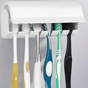 6 Slots  Holder Wall Mount with Cover, Self Adhesive Toothbrushes Storage Organizer  for Dorm Bathrooms and Shower, Holds 6 Toothbrushes. White