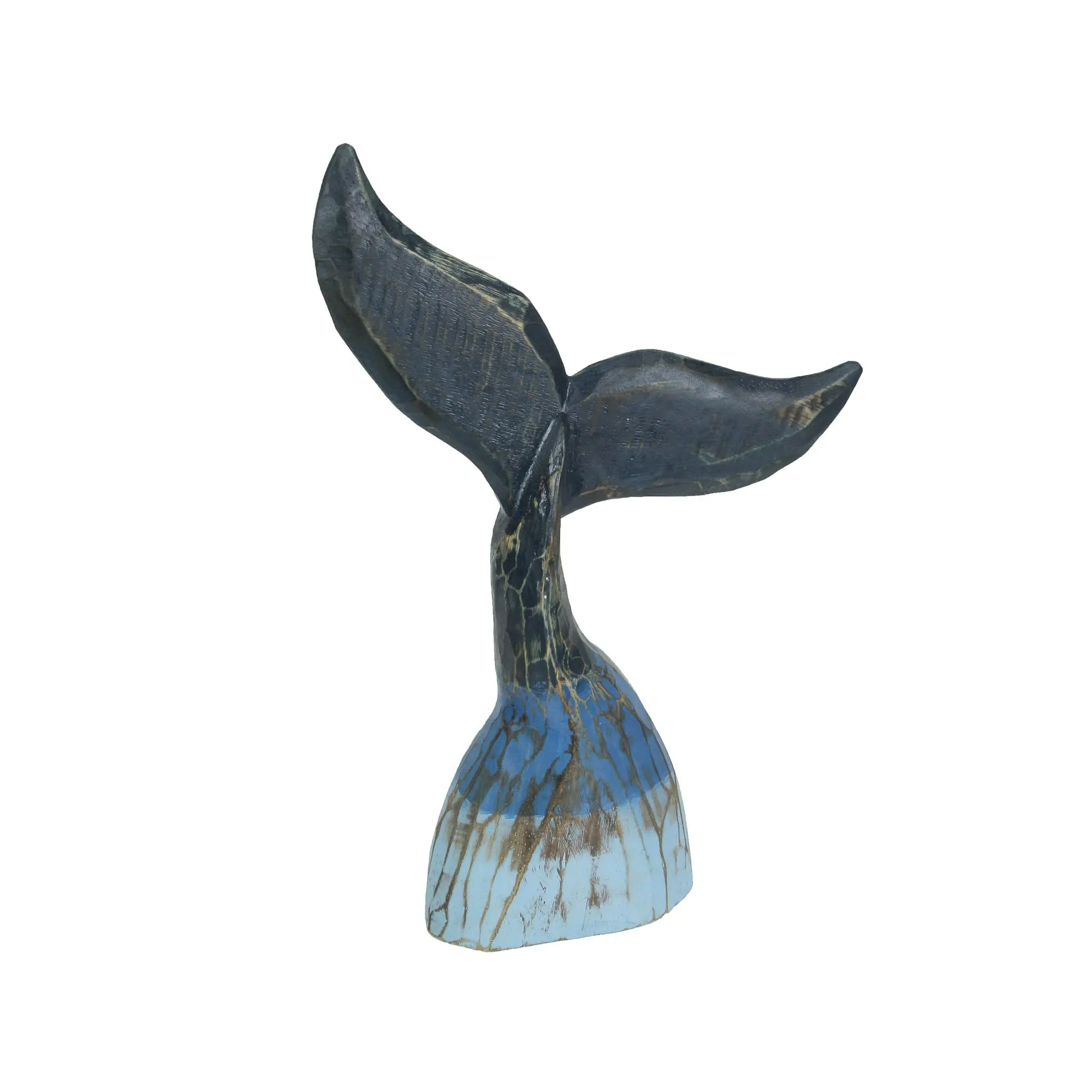 16in Coastal Blue Whale Tail Sculpture - Carved Wood Tabletop for Nautical Decor