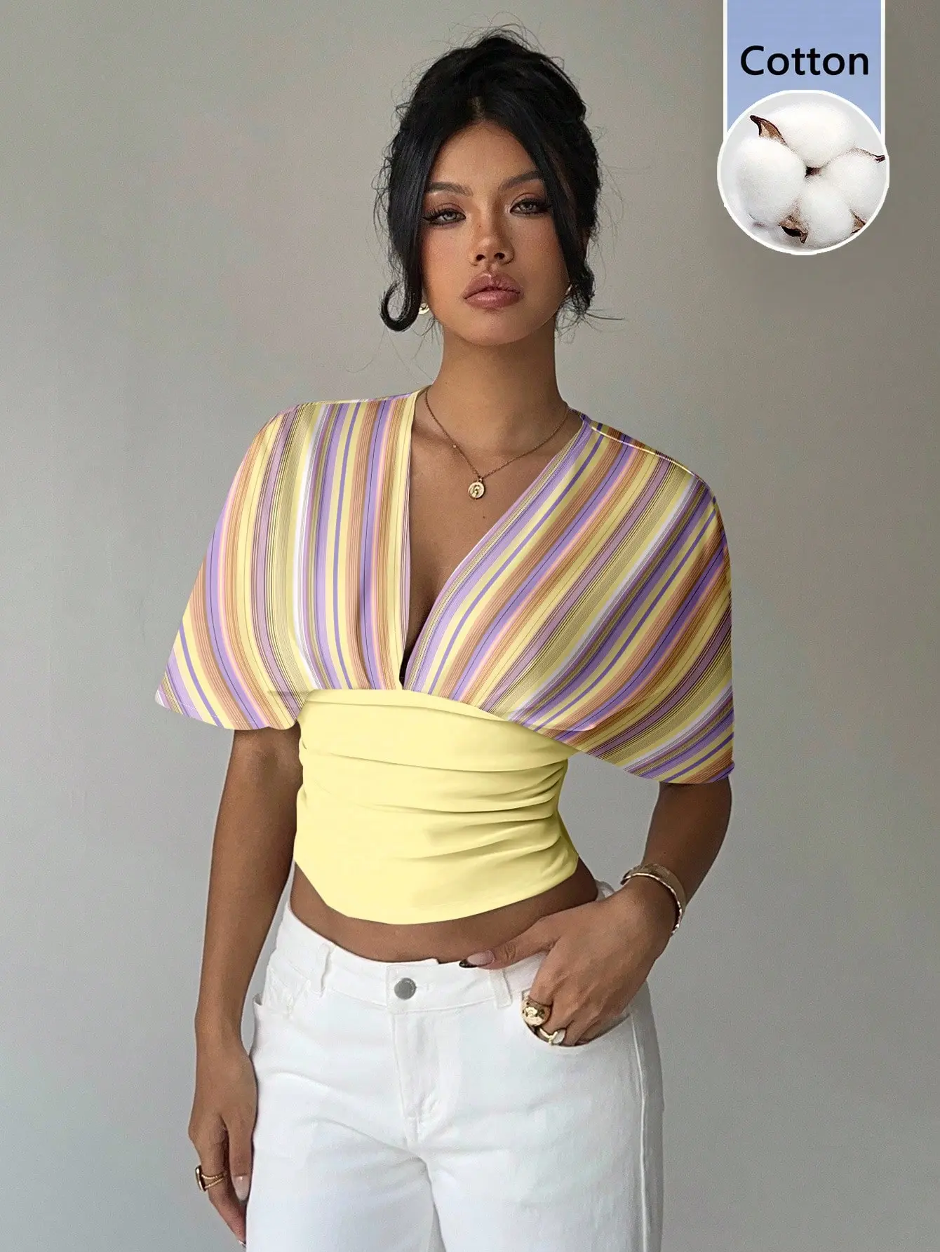 LOODAN Yellow Pink Asymmetrical Striped Cotton All-Over Print Womens Batwing Sleeve Cinched Waist T-Shirt Summer Casual Vacation