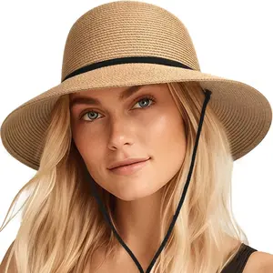 Womens Wide Brim Sun Hat with Wind Lanyard UPF Summer Straw Sun Hats for Women