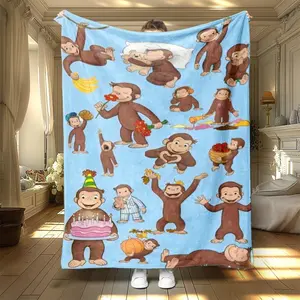 Soft Flannel Blanket with Monkey Pattern, Digital Print Throw for Office Living Room Bed Sofa Nap Air Conditioning Use, Cartoon Pattern Blanket.Thin Blanket Dream Workshop