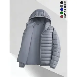 Men's winter hooded jacket, casual sports style, light gray and black quilted design, windproof, machine washable, multiple pockets, zipper closure, winter coat Menswear Tops