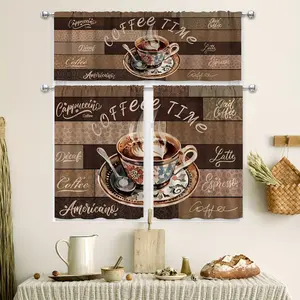 2pcs - Polyester - 2D Flat Vintage Coffee Kitchen Curtain Valance Set Retro Artistic Coffee Print Coffee Slogans Country Wooden Floor Background Rod Home Decor Cafe Office Living Room Bedroom Restaurant Decorative, 2D Flat casual party decoration