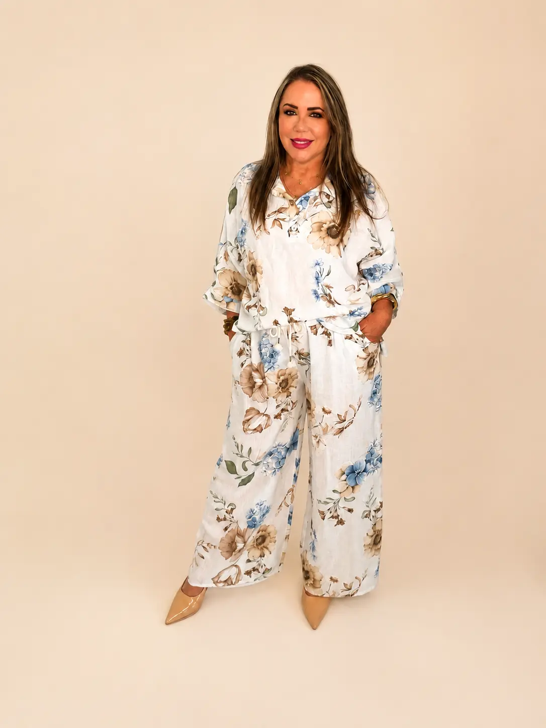 Women's Elegant 2-Piece Linen Clothes Set - Soft Floral Print Long Sleeve Blouse/Shirt, Wide Leg Below-the-Ankle Palazzo Pants with Pockets, Flexible Waistband, Lightweight, Comfortable, Romantic (Do Not Dry Clean)