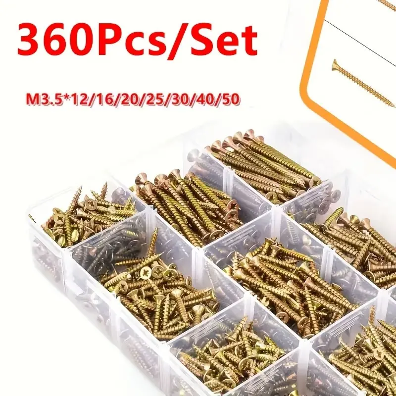 360pcs M3.5 Flat Head Countersunk Self-Tapping Screw Assortment Kit | 12-50mm Assorted Lengths (7 Sizes) | Heavy-Duty Wood Screws for Solid Wood, Fiberboard, Woodworking & Furniture Assembly | Self Tapped Screws