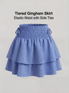 American Streetwear Blue Gingham Sporty Mini Skirt, Tennis Skirt - Drawstring Elastic Waist Ruffle Y2K Coquette Light Sport Casual Versatile Active Skirt