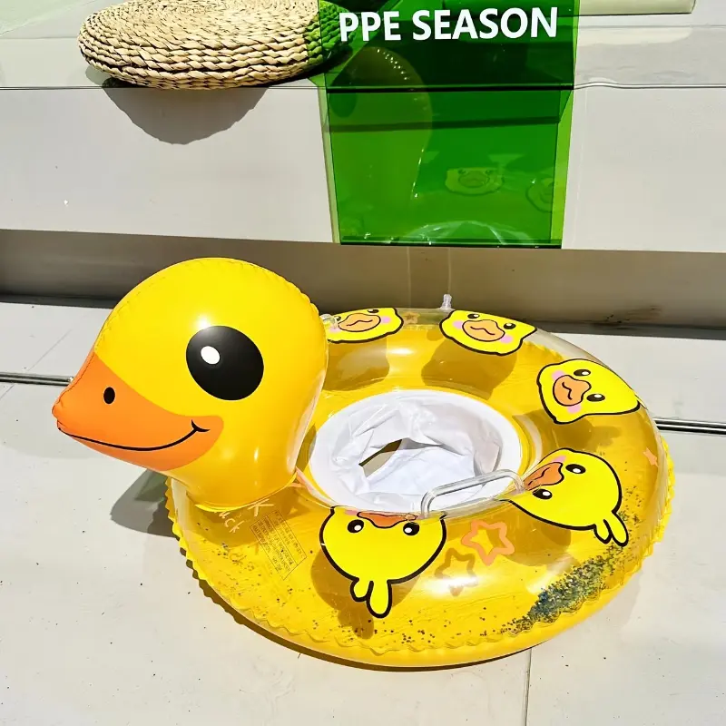 Cartoon Duck PVC Swim Ring for Kids Ages 3+, Inflatable Pool Float with Safety Grips, Handles, Pool Accessories for Summer Beach Parties, Children, Swimming Circle