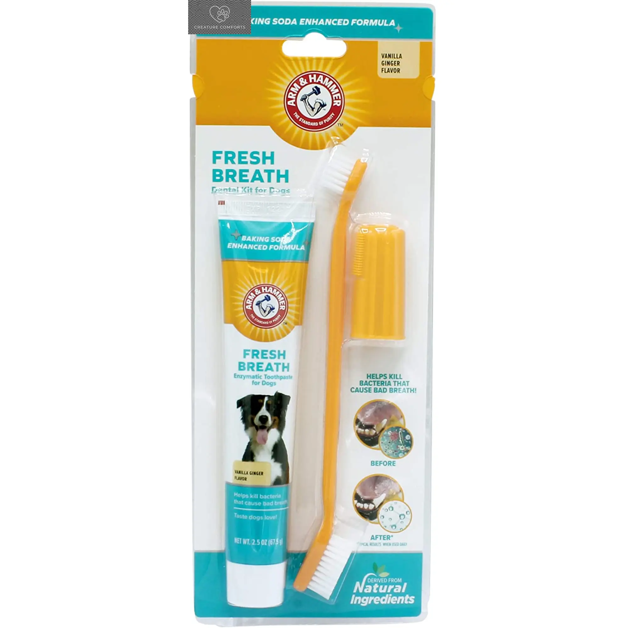Arm & Hammer Dog Oral Care Fresh Breath Dental Kit, Vanilla Ginger, 2.5 Oz 3-Piece Set - Baking Soda Enhanced, Includes Toothpaste, Toothbrush, Finger Brush, Plaque Control, Reduces Tartar Daily