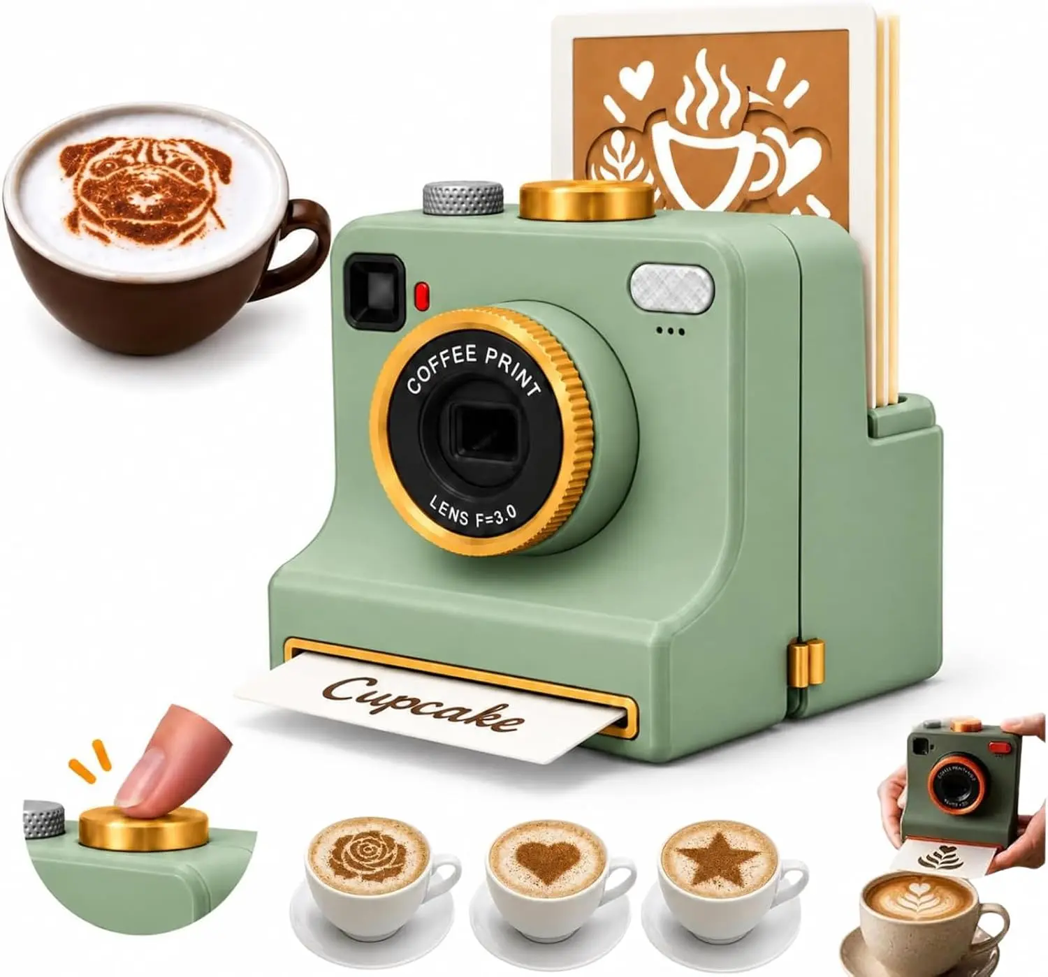3D Printed Coffee Printer Latte Art Camera, Manual One-Click Coffee Powder Printer with Multiple Stencil Cards, Mechanical Coffees Stencil Maker for Cappuccino, Hot Chocolate, Home Cafe (Christmas gifts)
