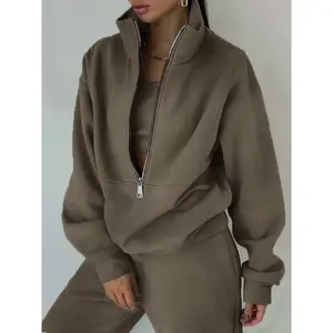 Plus Size Two-Piece Fleece Set | Cozy Brown Hooded Tracksuit for Women | Winter Loungewear & Street Style Outfit | Matching Zip-Up Hoodie and Joggers | TikTok Viral Comfy Fit
