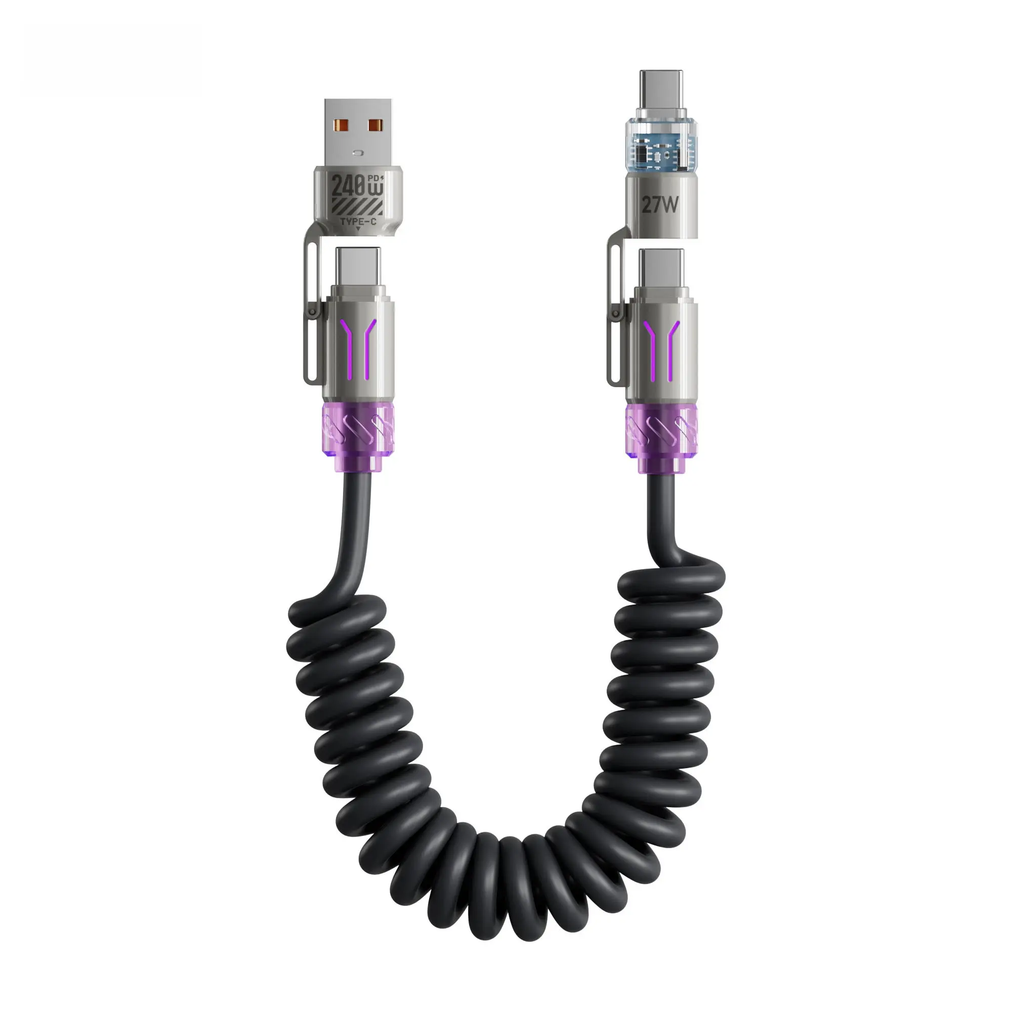 PD 240w 4-in-1 Spring Data Cable Fast Charging for Mobile Phones Laptops Tablets Multi Port C-Type USB Data Cables Blue & Black Wireless Charger Metal Alloy