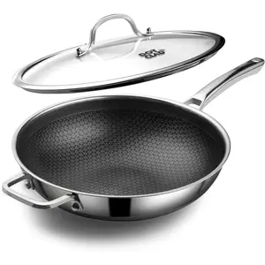 Wok pan,Hybrid 12 inch Wok with Lid, PFOA Free Cookware,non stick Stainless Steel Woks & Stir-fry pans Nonstick, Dishwasher and Oven Safe, Works  Induction