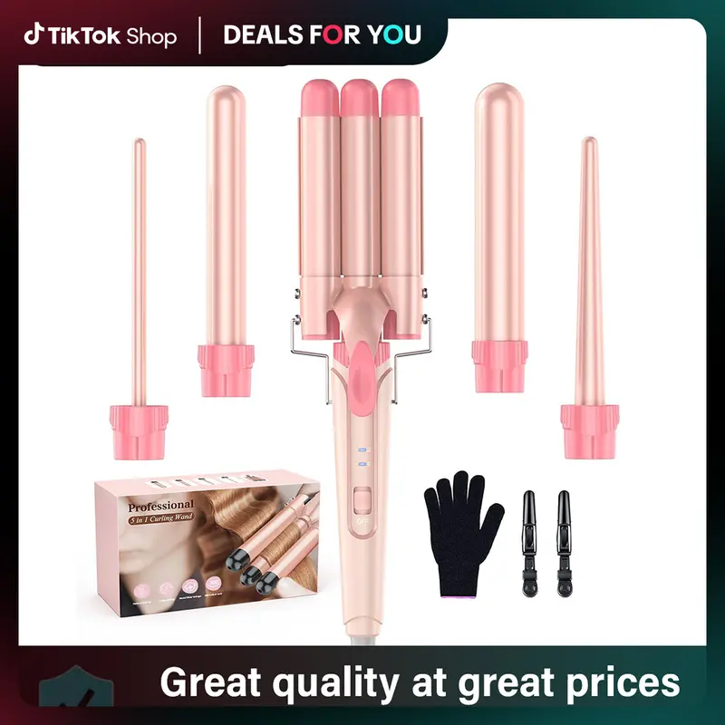 BESTOPE PRO 5-in-1 Corded Heated Curling Hair Iron Set - 3 Tubes, Fast Heat-Up, Adjustable Comfort Diffuser, Rose Gold, US Plug, 100V-240V, Blush Pink Adults' Hair Styling Gift (All Types)