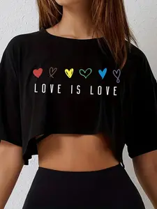 Women's Letter & Heart Print Round Neck Crop Tee, Casual Short Sleeve Graphic T-shirt, Summer Clothes Women, Graphic Tees, Trendy Ladies Summer Outfit for Everyday Daily Wear Valentine's Day, gift, Top, Style