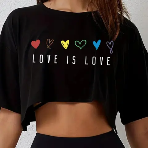 Women's Letter, Heart & Love Print Round Neck Crop Tee, Casual Cropped Tee, Casual Vintage Streetwear Short Sleeve Graphic T-shirt, Summer Clothes Women, for Daily Wear Valentine's Day, gift
