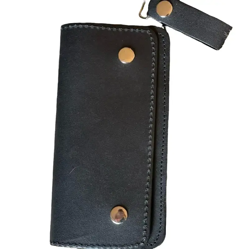 Men’s Biker Motorcycle Wallet 8” Bi-Fold Handmade Leather Wallet in Black with Secure Anti-Theft Chain