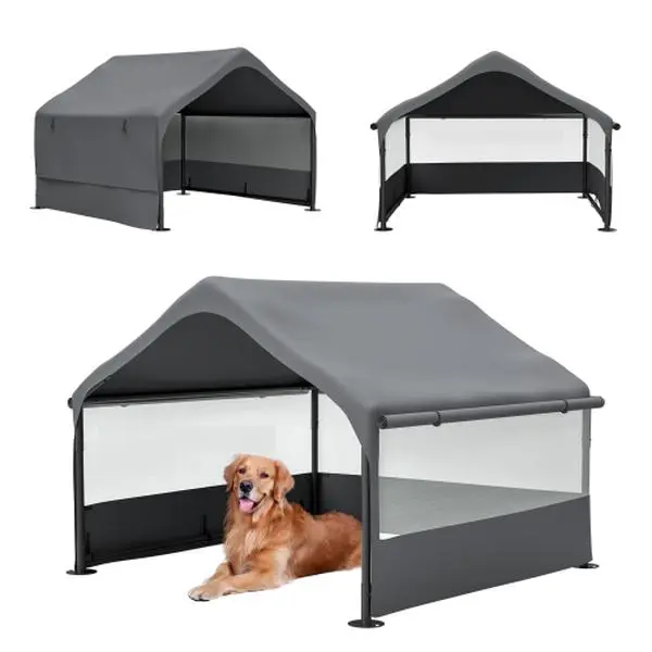 Extra Large Outdoor Dog House Tent with 3-Sided Mesh Windows, Breathable Sun Rain Cover Pet Shelter with Canopy and Ground Stakes for Dogs, Cats, Livestock – 4' x 4' x 3.3', Gray