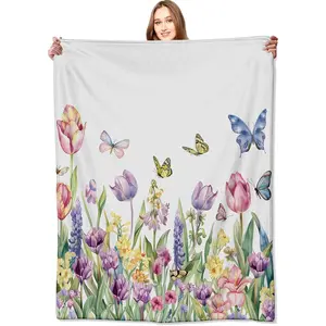 Spring Tulip Flower Blanket Cute Floral Throw Blankets with Colorful Butterfly,Birthday Gifts for Girls Women & Nature Lovers,Lightweight Soft Flannel,for Sofa Couch Bed Room Decor