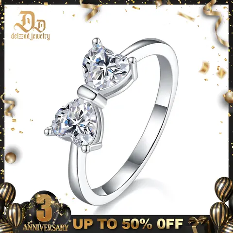 Delzzad 1.6ct Classic Heart Cut Ring Angelic Bow Ring D Color VVS Synthetic Moissanite Ring Jewelry S925/Copper Perfect Birthday Engagement Wedding Anniversary Christmas Valentine's Day Gift