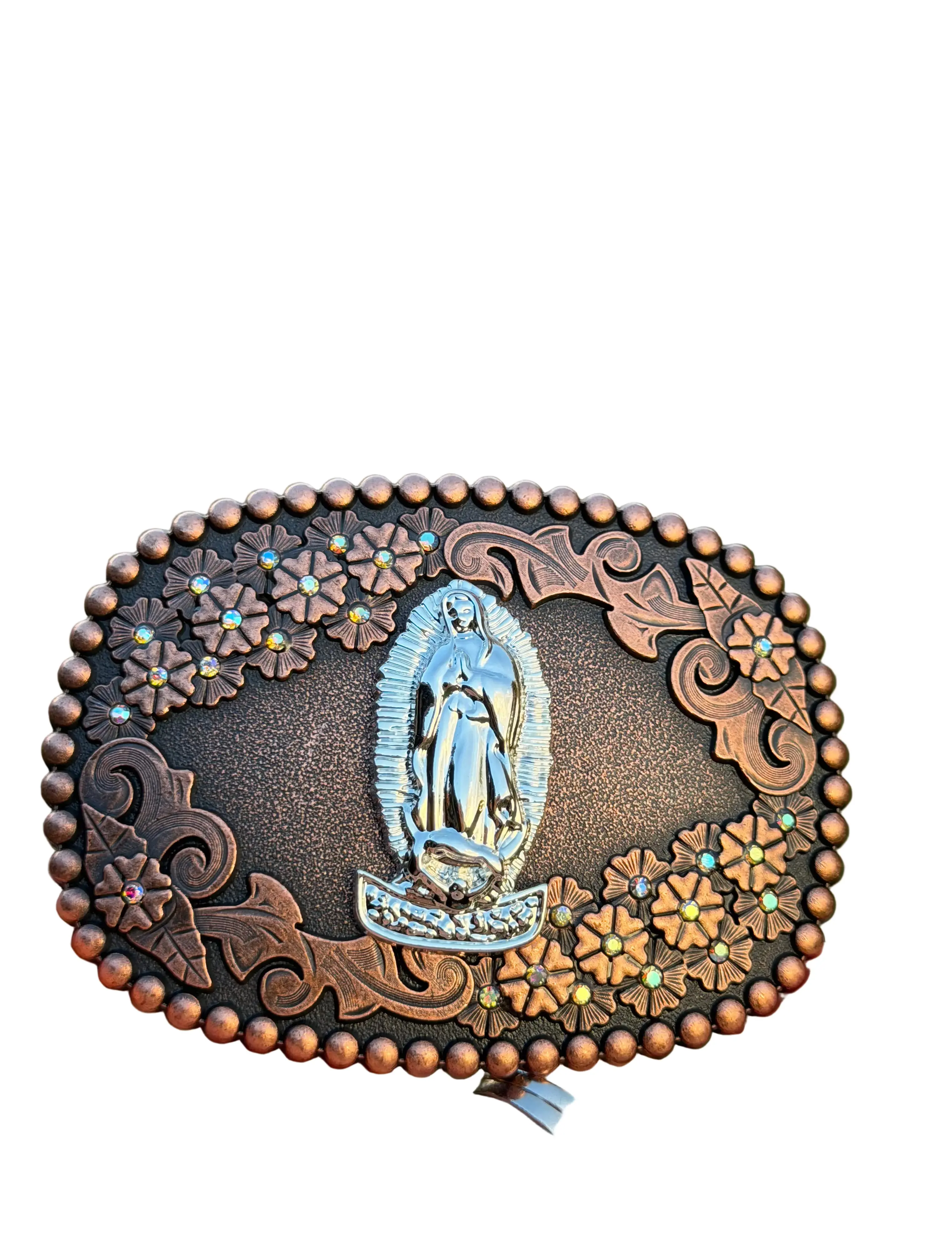 Western Virgin Mary Belt Buckle – Our Lady of Guadalupe Rhinestone Cowboy & Cowgirl Belt Buckle