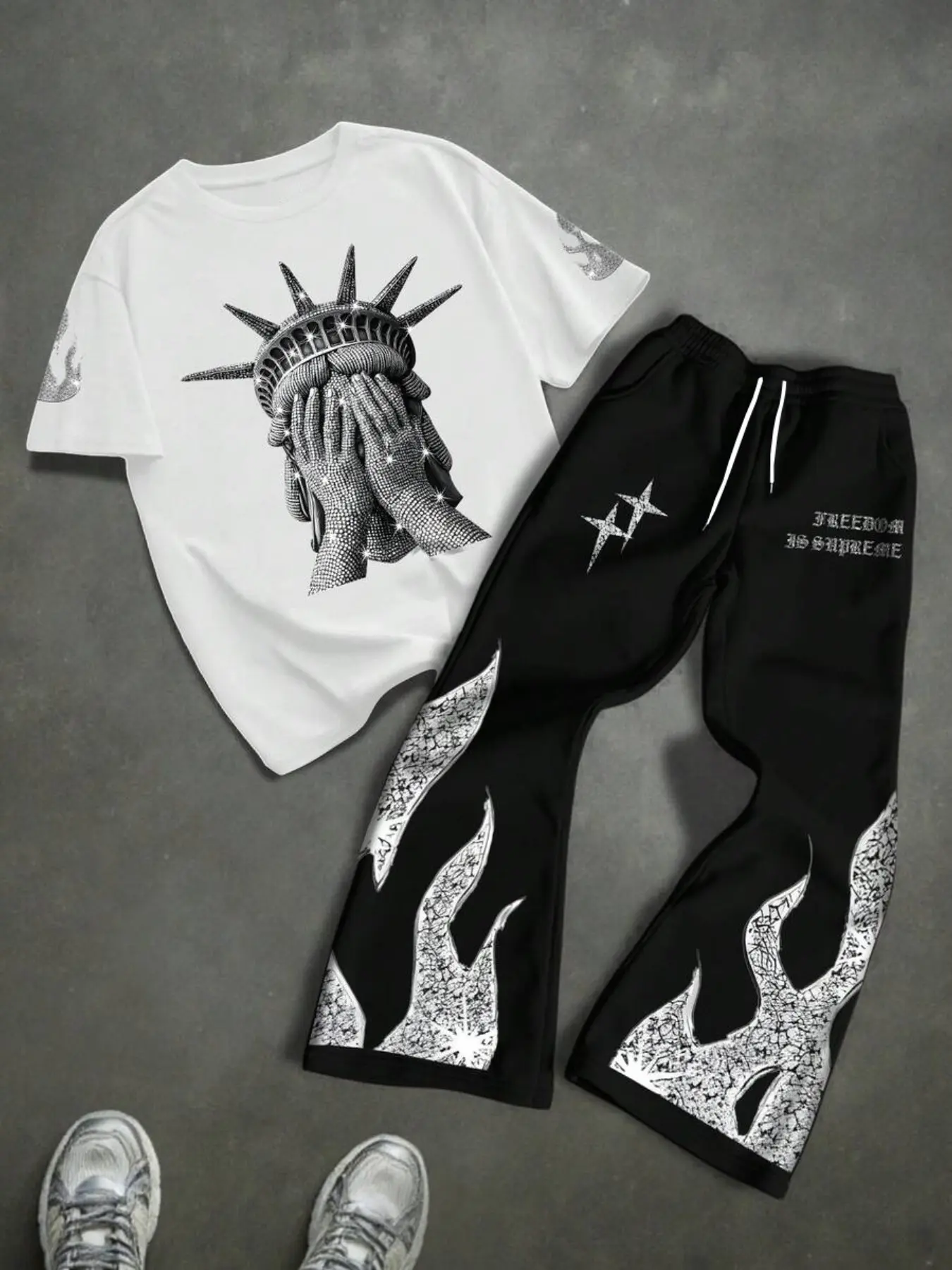 Men's All-Season Sporty Two-Piece Set, Short Sleeves Set, 3D Print Short Sleeve T-Shirt & Flame Print Drawstring Pants, Casual Outdoor Fashion, Athleisure Sportswear Set, Athleisure Activewear Set, Athleisure Activewear Clothing