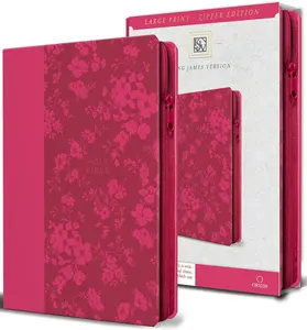 KJV Holy Bible, Large Print Handy Size, Fuchsia Premium Imitation Leather w/Ribbon Marker, Red Letter, Zipper (KJV Medium Size Large Print Editions)