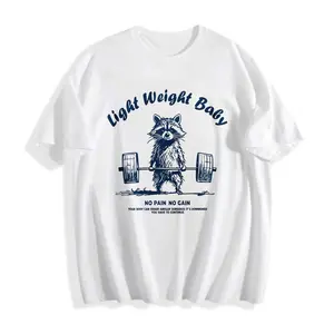 Casual Fun Style Men's T-Shirt Raccoon Lifting Barbell With Light Weight Baby Text No Pain No Gain Motto Summer And Autumn Wear Gift For Fitness Enthusiasts And Humor Lovers