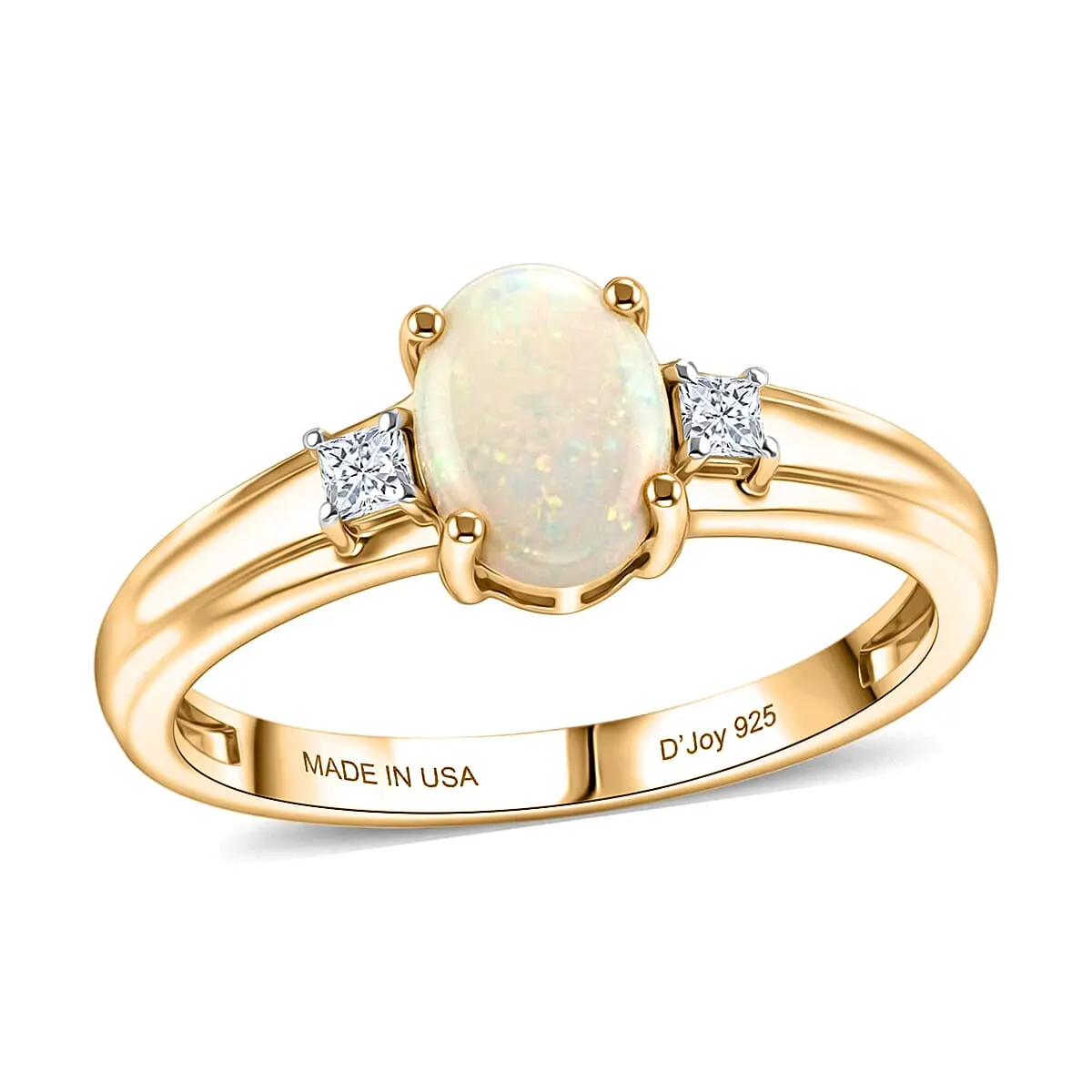 D'Joy Natural Australian Opal, Moissanite Trilogy Ring in 18K YG Plated Sterling Silver (Size 10.0) 0.85 ctw
