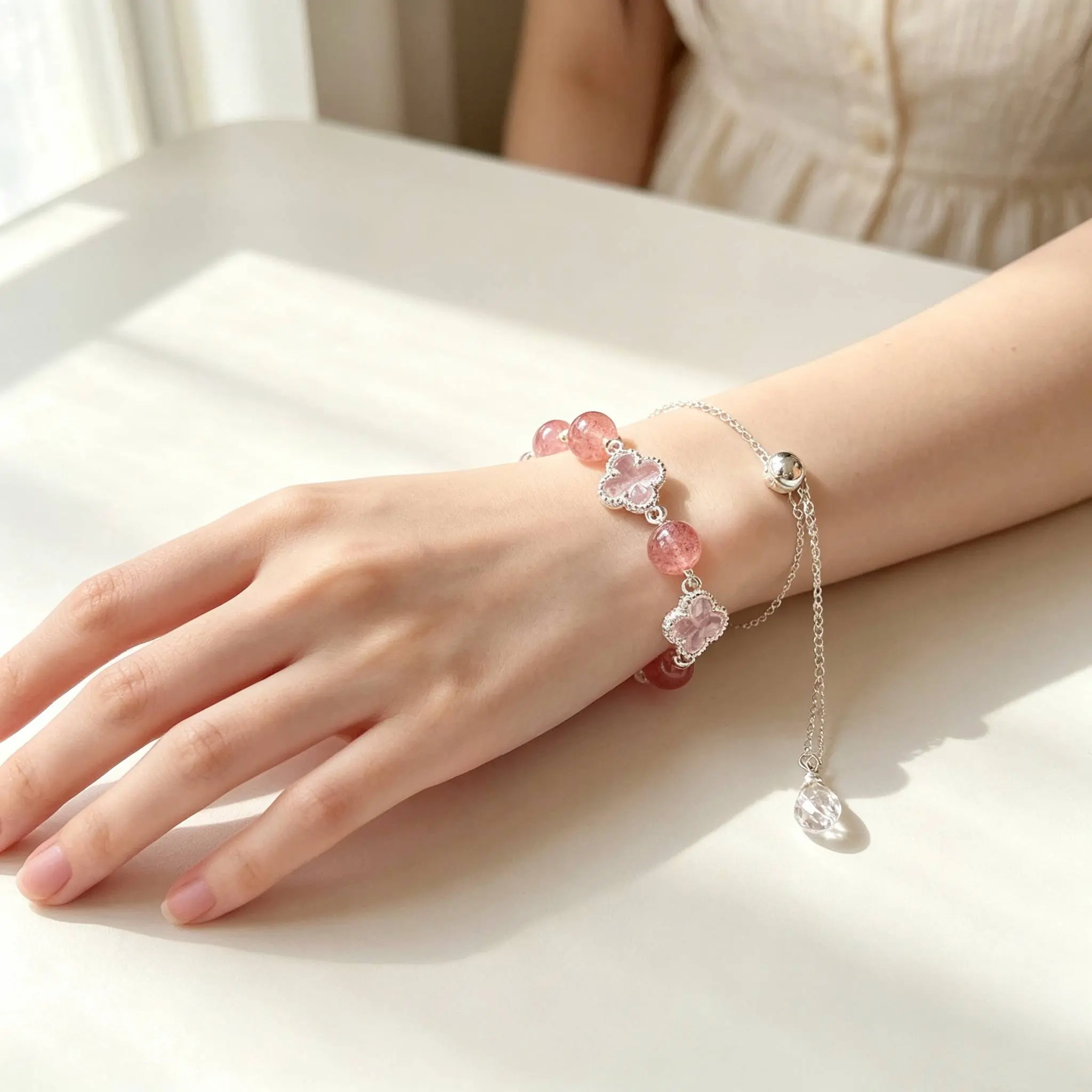 Non-Natural Crystal Adjustable Silver Bracelet - 4-Leaf Clover Rose Quartz Beads & Crystals, Electroplated Metal, Casual Wear, Gentle Girly Jewelry Accessory with Moisture-Avoiding Tip