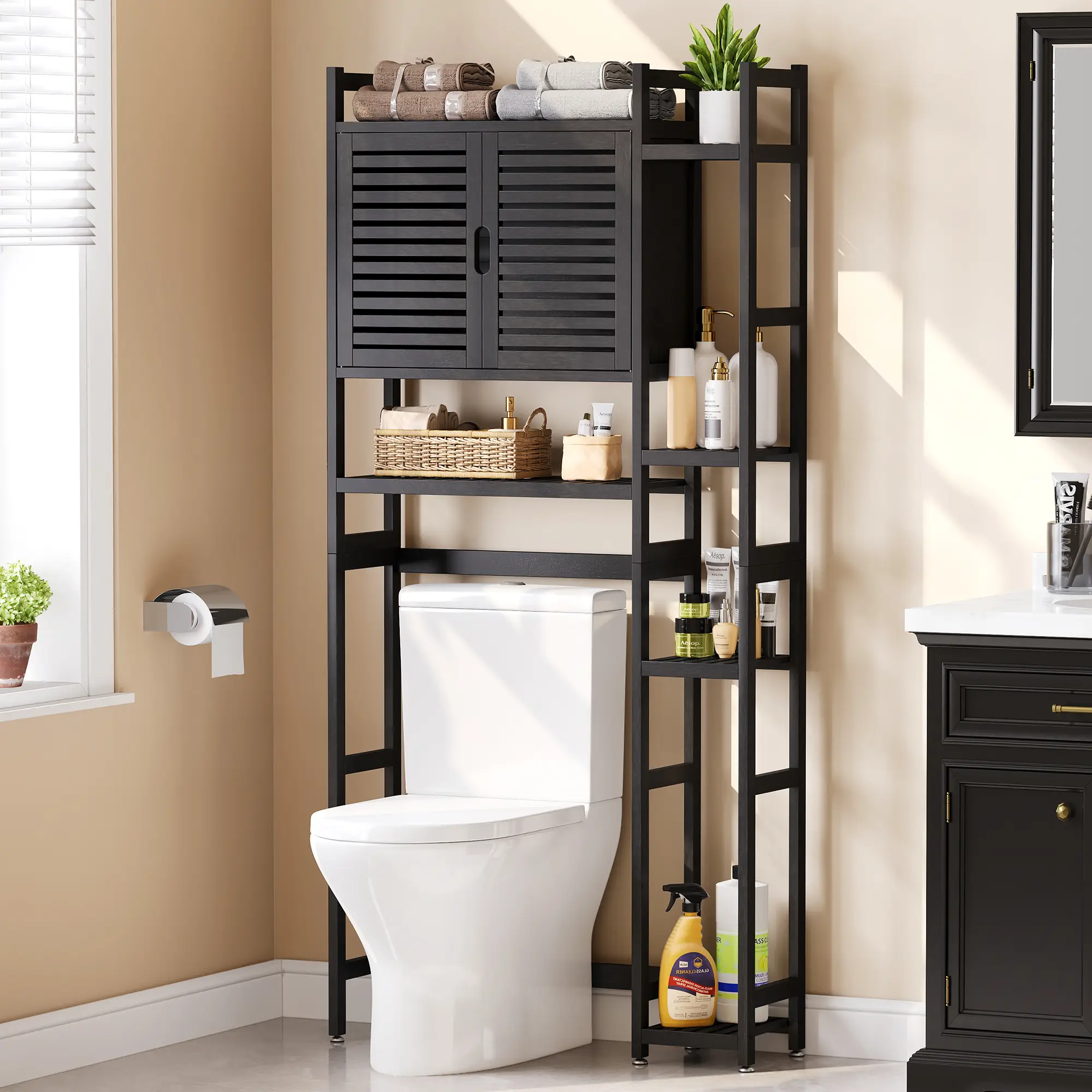 Yitahome Over The Toilet Storage Bamboo Over-The-Toilet Cabinet with Shelf for Bathroom Storage, Space Saver for Restroom, Laundry, Black