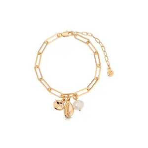 Ettika Golden Shore Charm Bracelet 18k Gold Plated Zinc Glass Fresh Water Pearl 8.25" Chain Clasp Jewelry for Stylish Versatile Accessory