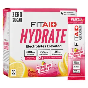 FITAID Hydrate Pink Himalayan Lemonade - Zero Sugar Electrolyte Blend with 600mg Sodium 500mg Potassium & 125mg Magnesium Naturally Sweetened Drink 30 Sticks