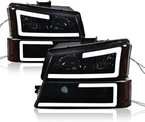 LED Headlight Assembly Compatible with 03-06 Chevy Silverado 1500 2500 3500 HD Model/03-06 Avalanche 1500 2500(Fit No Cladding only) Smoky Lens Black Housing Amber Corner Halogen Headlamps