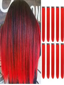 10 Pcs Red hair extensions Synthetic Hair Pieces 22 Inch Straight colored hair colorful clip in extensions Highlight Party for Girls and Women