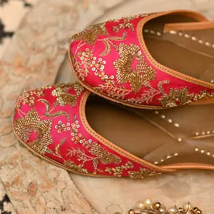 Ava - hot pink silk base juttis - handmade genuine leather punjabi jutti/khussa/mojari/flats/bridal shoes