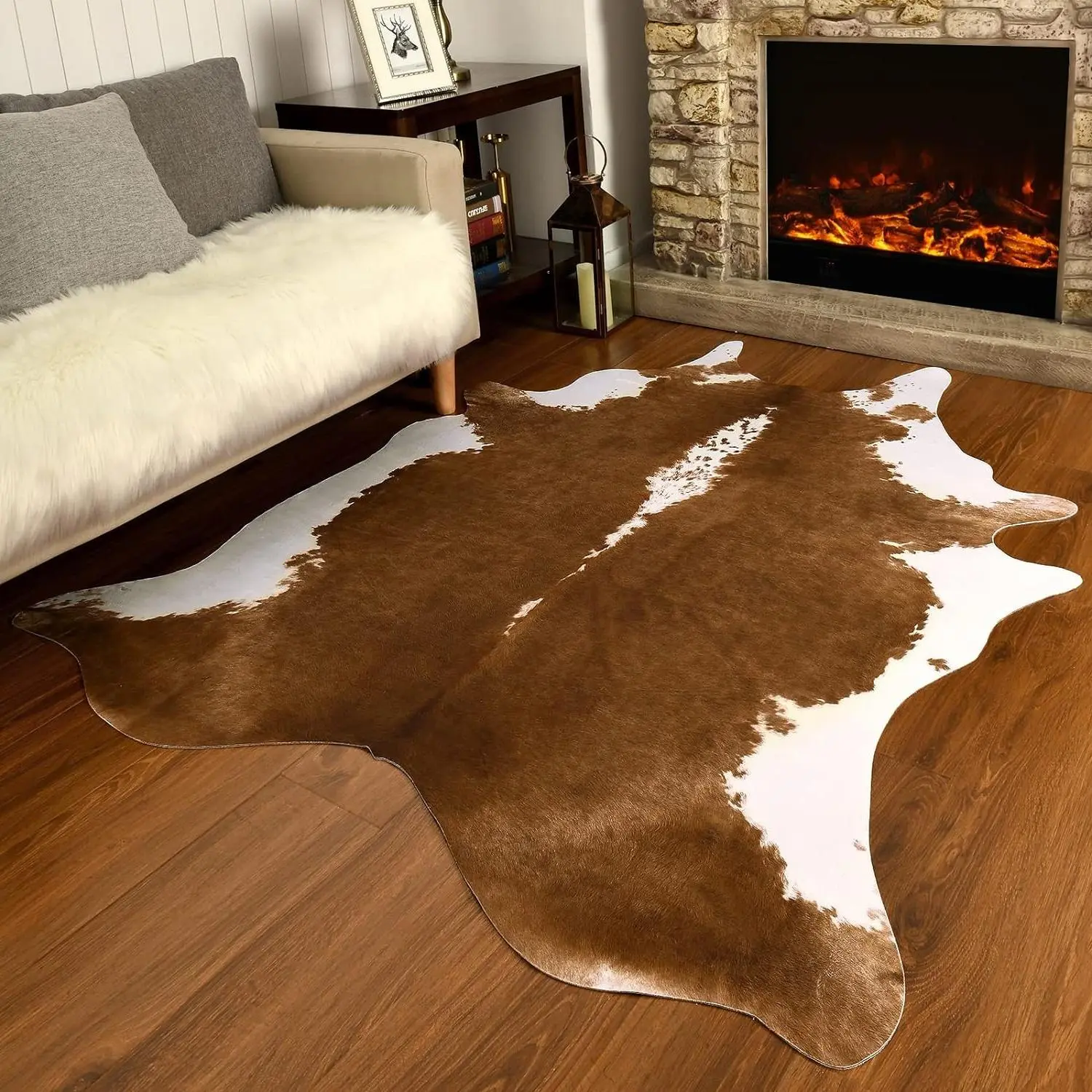 Handcrafted Faux Cowhide Decorative Rug with Non-Slip Back - Realistic Animal Print Indoor Use Rug for Farmhouse Living Room, Bedroom, Multi-Size Option Fluffy Modern Rug