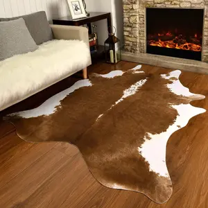 Handcrafted Faux Cowhide Decorative Rug with Non-Slip Back - Realistic Animal Print Indoor Use Rug for Farmhouse Living Room, Bedroom, Multi-Size Option Fluffy Modern Rug