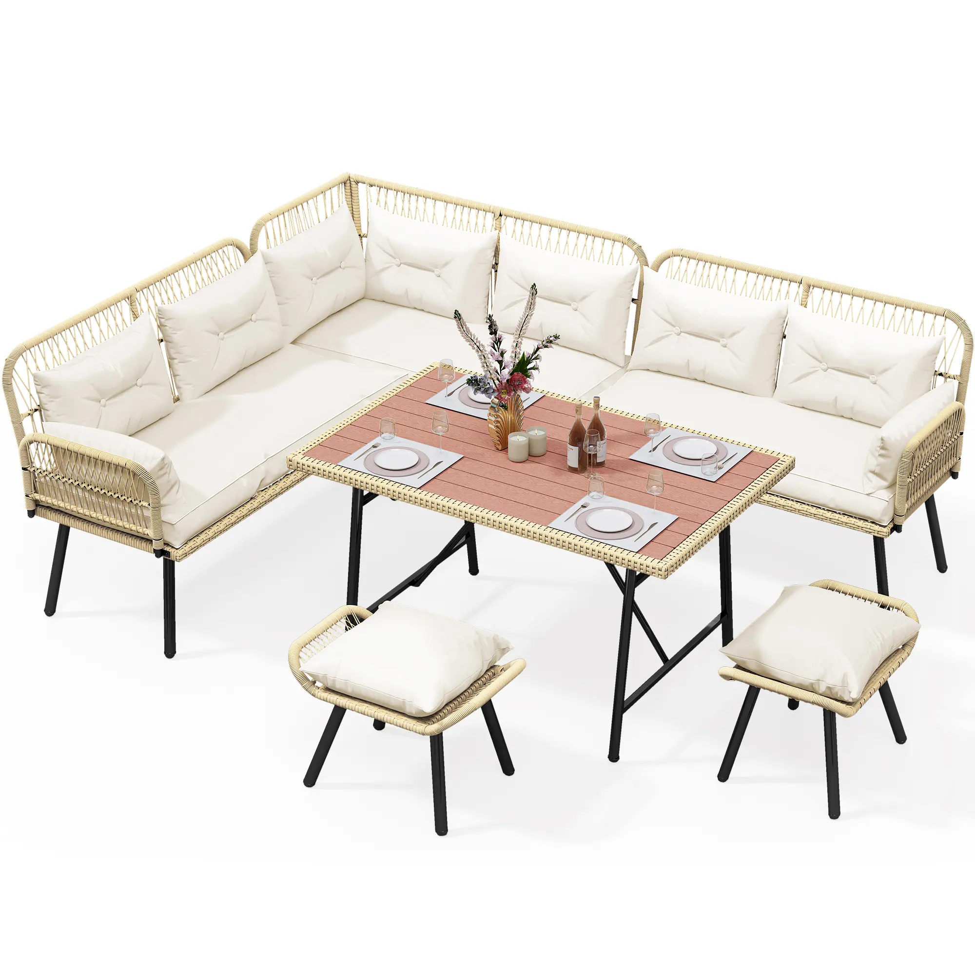 Yitahome Patio Wicker L-Shaped Furniture Set, All-Weather Rattan Outdoor Conversation Sofa Set for Backyard Deck with Soft Cushions,Ottomans and Plastic Wood Dining Table
