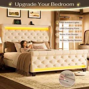 Belffin Queen Size Bed Frame with Headboard,50" Tall Headboard Upholstered Velvet Platform Bed with LED Lights & 2 USB Port/1 Type C Port, Button Tufted,No Box Spring Needed, Noise Free,Beige