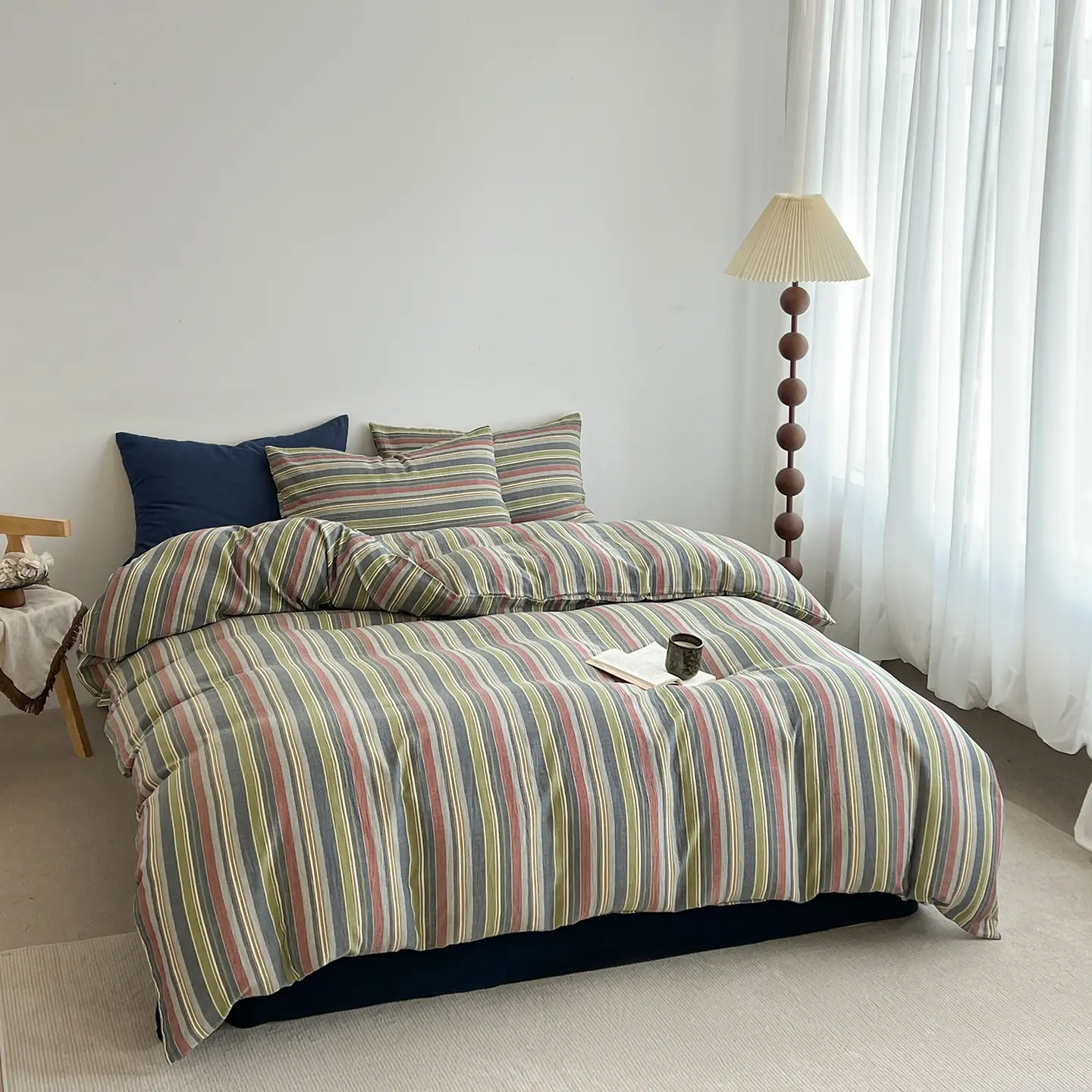 3/4pcs Striped Duvet Cover Set, Navy Blue Bedding Set,Retro Colorful Striped Pattern Duvet Cover Set, Decorative Bedding For Teenagers And Adults(1 Duvet Cover+1 Flat Sheet+1/2 Pillowcases , Without Fillers), Comfy Bed Sets