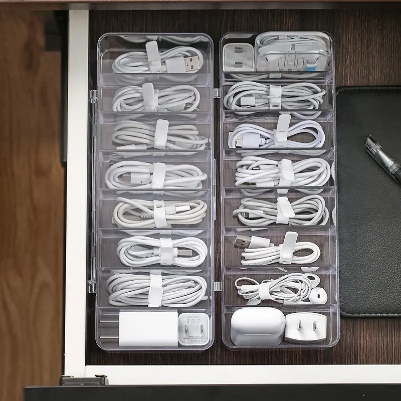 Plastic Desktop Cable Management Box - Desktop Storage Organizer with Compartments, Cord Winder for Power Charging Lines, Mobile Phone Charger Plugs, Headphone Cable